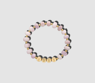 Rareté Studios Belonging Bracelet, pink Kunzite, faceted rondelles, 18k yellow gold letter beads