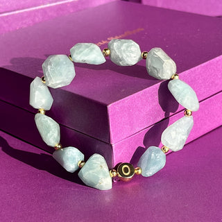 Rareté Studios Belonging Bracelet, sage colored Aquamarine, chunky nugget beads, 18k yellow gold letter beads