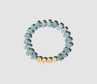 Rareté Studios Belonging Bracelet, Aquamarine, faceted Rondelles, 18k yellow gold letter beads